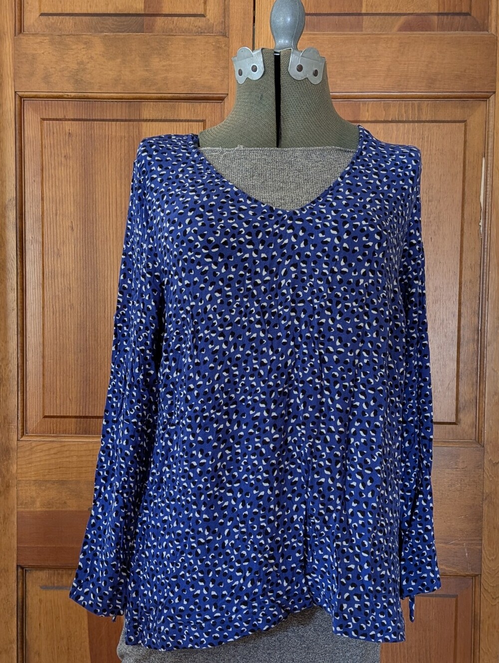 Michel Studio Blue and Black Blouse With Tied Sleeve Detailing
